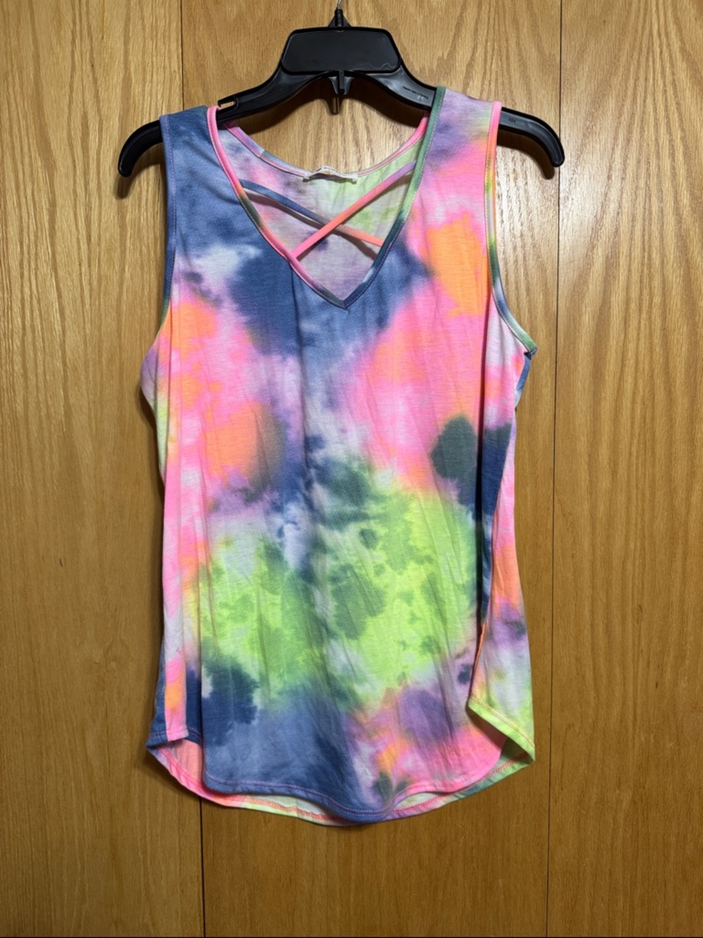 Bombom Tie-Dye V-Neck Tank with Crisscross Straps - Neon Multicolor